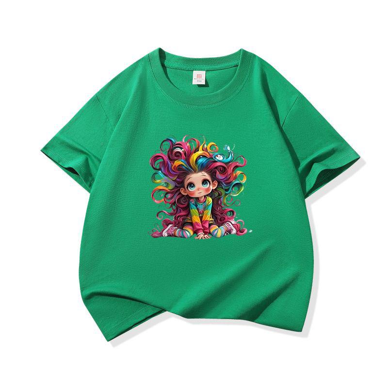 Kids Cotton T Shirt Whimsical Rainbow Hair Girl Art Print Crew Neck Short Sleeve Tee Casual Boys Girls Summer Tops
