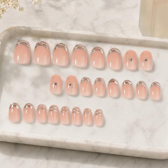 24Pcs Short Oval Press on Nails for Women, Silver-color Tip Rhinestone Star Glue on False Nails, Removable Stick-on Fake Nails Decoration