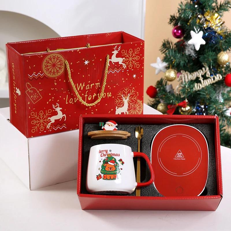 Christmas Gift Box 55 ℃ Thermostatic Cup with Lid Ceramic Cup with Spoon Coffee Cup Portable Meal for Office or Home Use