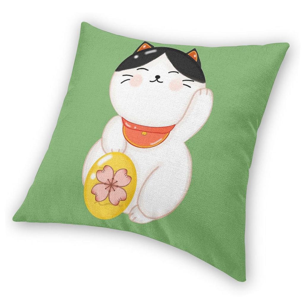 Maneki Neko With Sakura Coin Square Pillowcase Polyester Linen Velvet Printed Zip Decor Throw Pillow Case Sofa Seater Cover 18"