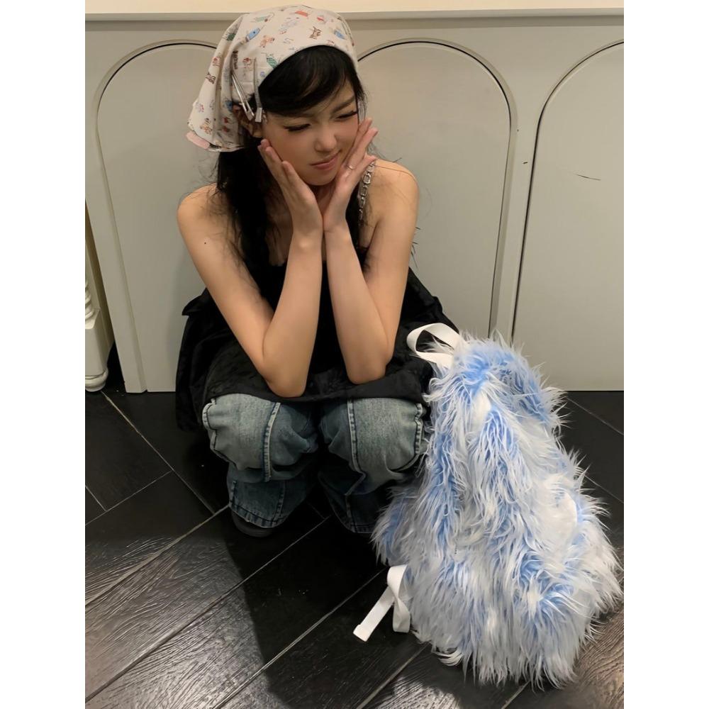 Сумки Двухцветный Контрастный Цвет Ледяной Голубой Пушистый Мужской и Женский Тренд Рюкзак для Отдыха Женский Зимний Школьный Рюкзак