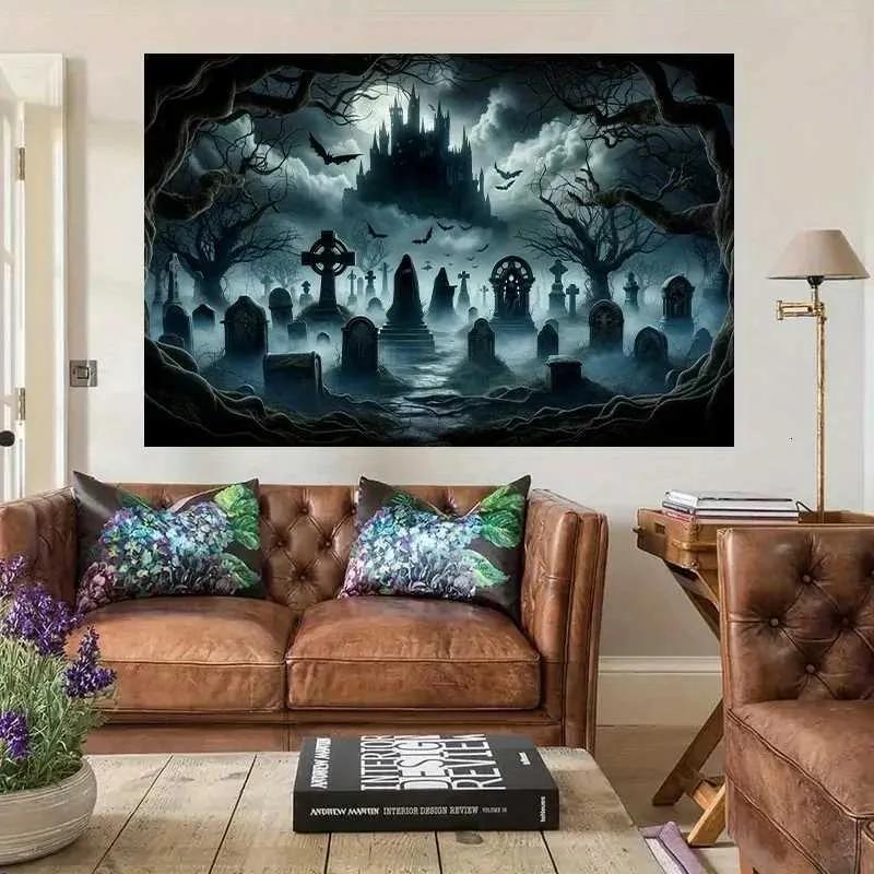 HD-Haunted Cemetery Ghosts Backdrop Gothic Horror Skull Print Halloween Tapestry Banner Background Fabric for Party Decor L260901