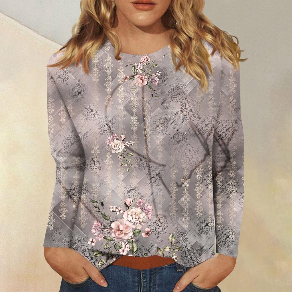 Женская модная повседневная футболка с круглым вырезом и длинным рукавом с принтом, топ