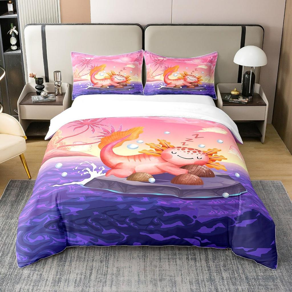 Cartoon Axolotl Bedding Set Twin Full Size Cute Ocean Animal Duvet Cover with 2 Pillow Sham Pink Comforter Cover Set Decorative