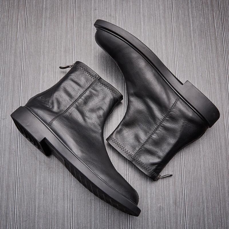 Men's Genuine Leather Martin Mid-Cut Casual Boots with Velvet Lining - Trendy All-Match Design for Spring and Autumn