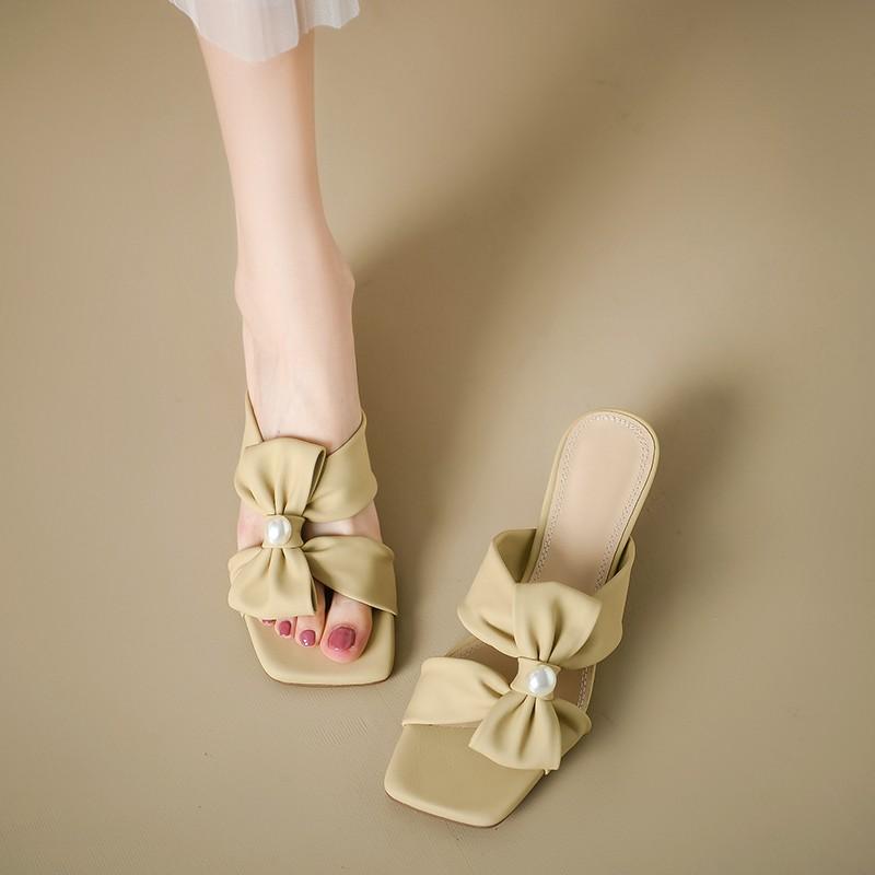 Fashion Square Toe Women Slippers Bow Heeled Sandals Loafers Shoes Woman 2025 Fashion Summer Shallow Dress Comfort Soft Leather Slides