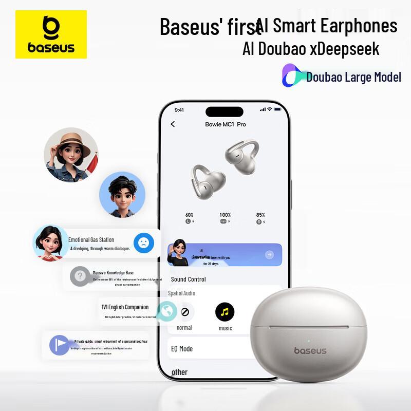 Baseus MC1 Pro Наушники с открытым ухом, Bluetooth-клипсы для ушей с ИИ-переводом