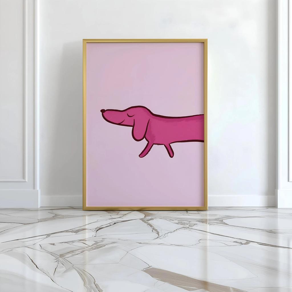 3Pcs Funny Pink Dachshund Wall Art, Minimalist Cartoon Sausage Dog Split Canvas Prints, Cute Whimsical Pastel Pet Wall Arts