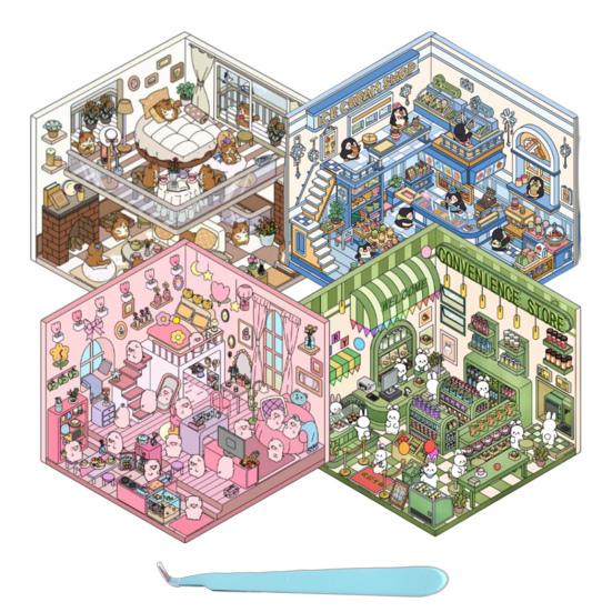 4 Sets DIY 3D House Stickers with Tweezer Make Your Own Mini