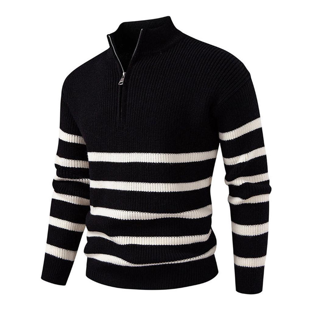 Men's Round Neck Striped Colorblock Sweater Sweater Half Zip Stand Collar Inner Slim Pullover Sweater