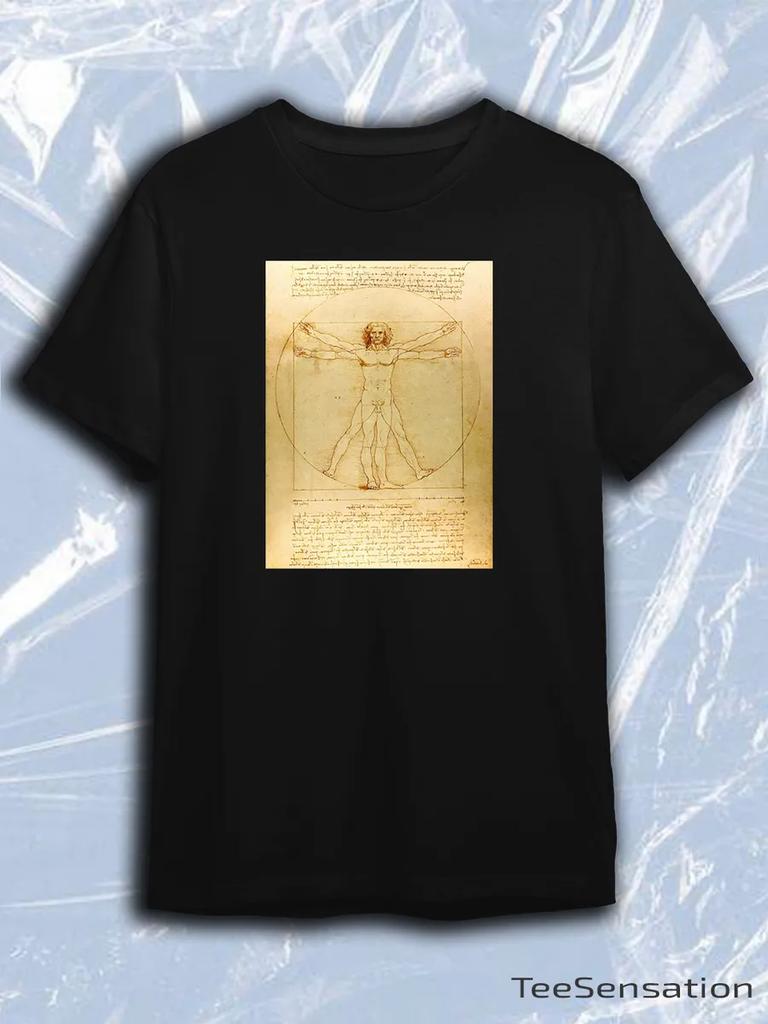 TeeSensation Black Crew Neck Short Sleeve T-Shirt with Da Vinci Vitruvian Man Drawing Print