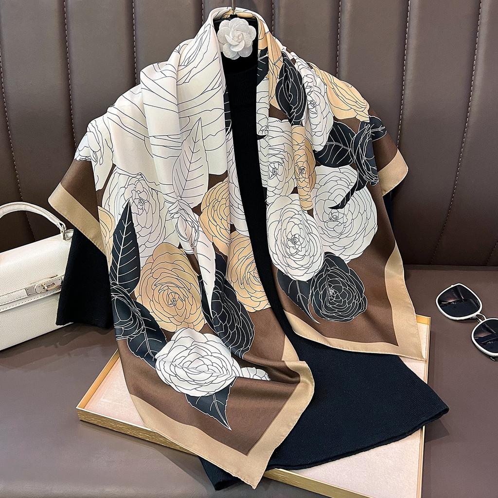 Spring new camellia printing silk scarf decorative binding scarf versatile high-end neck protection windproof breathable square scarf