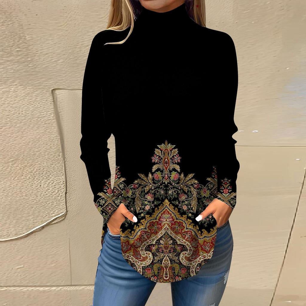 Tee Shirts For Women Fall Casual Long Sleeve Shirts Sweatshirt Vintage Printed High Neck Top Pullover