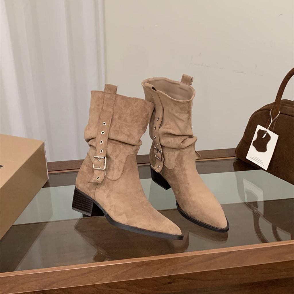 Women's Suede Pointed Toe Mid-Calf Western Boots - Autumn/Winter 2025 Collection