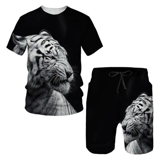 The Tiger 3D Printed T-Shirt/Suit Summer Short Sleeved O-Neck Men's Beach Pants 2 Pcs Set Couple Sportswear Swimming Shorts