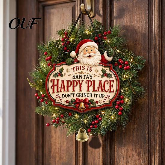 Christmas Sign with Bell Hanging Sign, Happy Place Front Door Bell, Indoor Outdoor Seasonal Wooden Welcome for Farmhouse Holiday Home Wall Decoration
