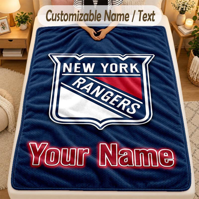 Flannel BlanketNew York Rangers Custom Name Text Personalized Soft Warm Throw Blanket Home Decor Gift