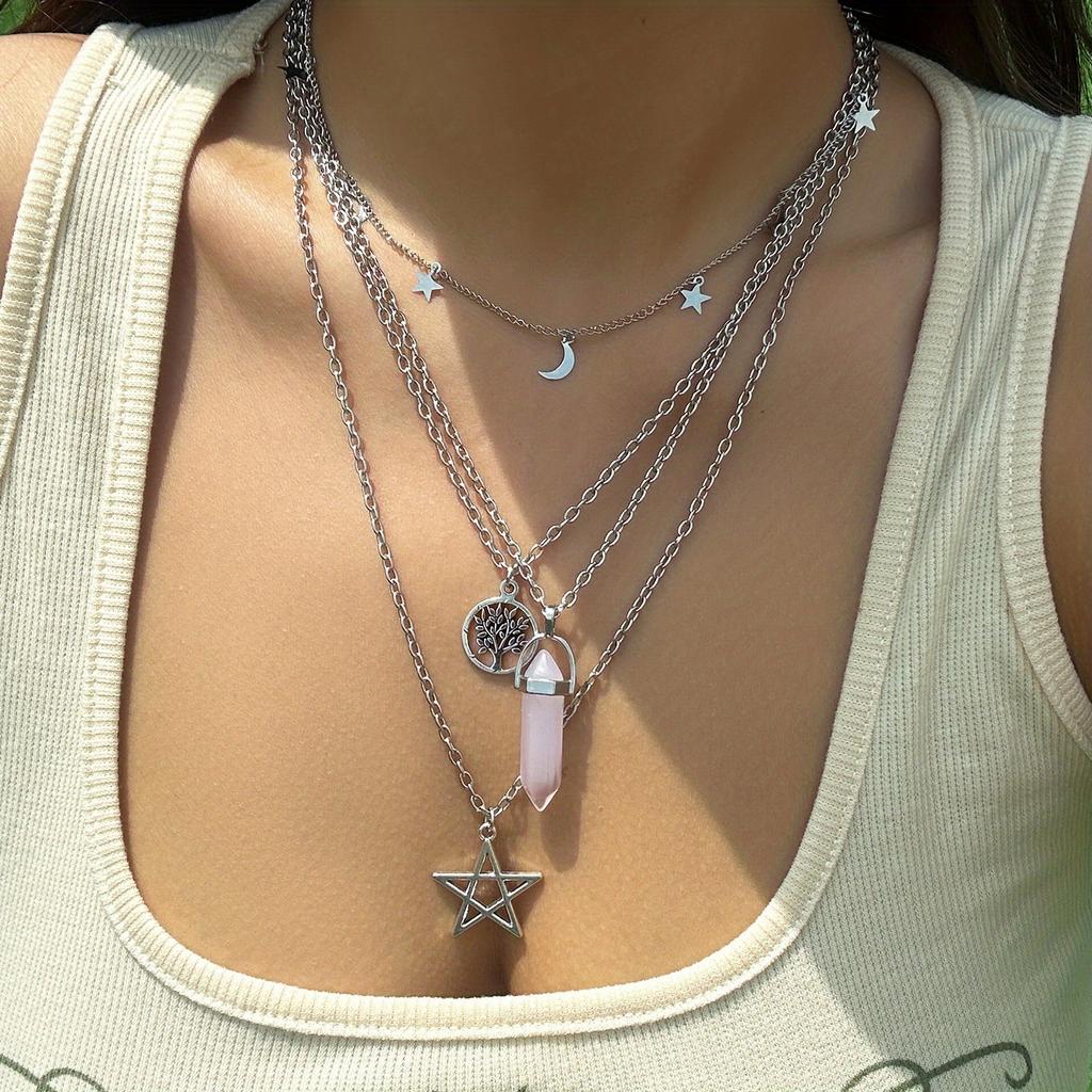 Pendant Pentagram Prism Multilayer Necklace With Pink Faux Crystal Fashionable Jewelry For Giftgiving And Women Daily Wear