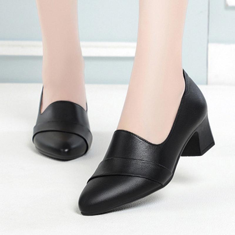 New Middle-aged Women's Pumps PU Leather Soft Sole Non-slip Genuine Leather Casual 2024 Spring Non-slip Mid-heel Single Shoes