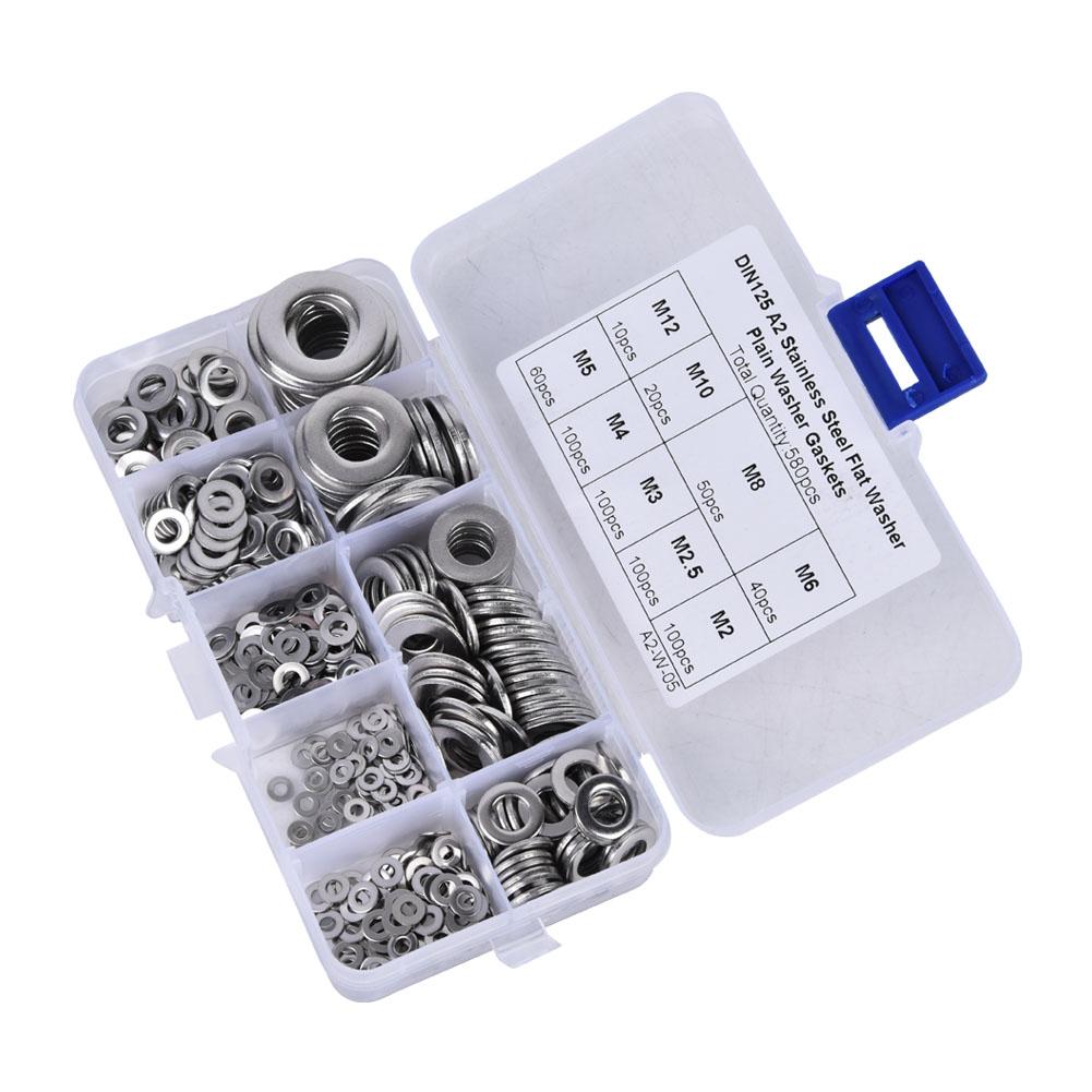 580PCS Stainless Steel Flat Washer Assortment Set M2 M2.5 M3 M4 M5 M6 M8 M10 M12