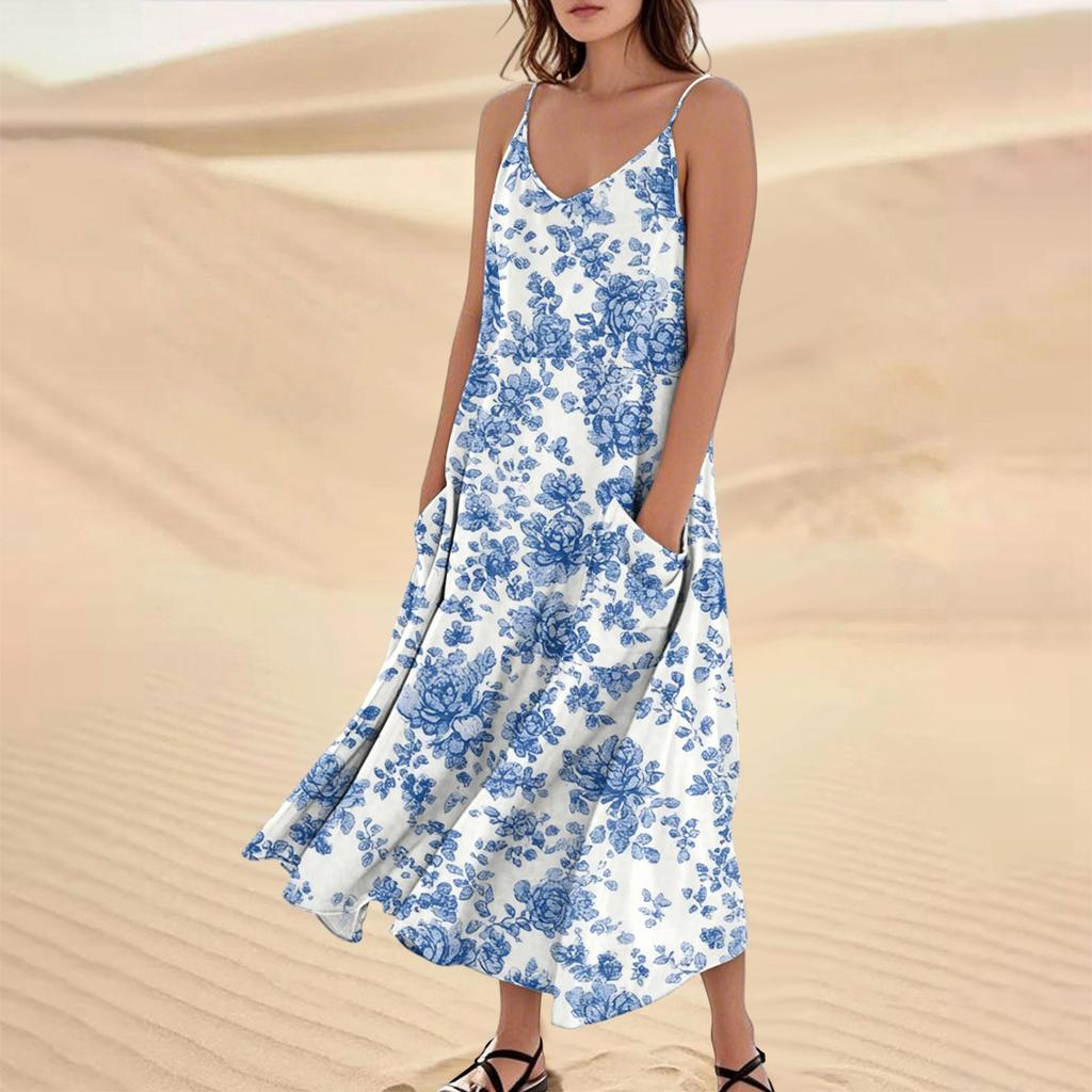 Женское модное повседневное длинное пляжное платье без рукавов с карманом и цветочным принтом