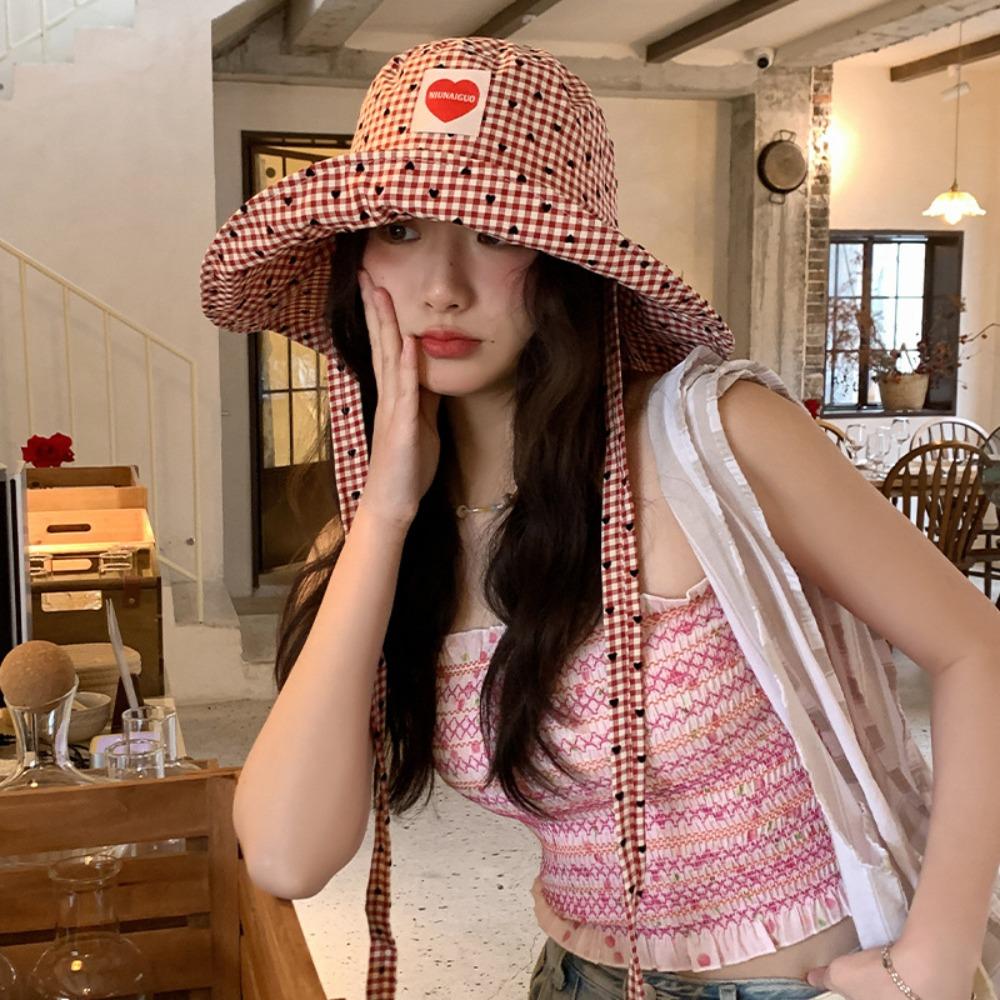 Lace Up Hiking Fisherman Hat Sun Protection Heart Printed Bucket Hat Drawstring Sun Hat Fishing