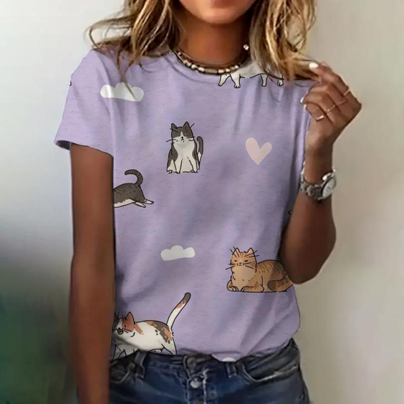 Женская футболка с принтом кота, летняя одежда с круглым вырезом и коротким рукавом, свободный повседневный топ с милым принтом, женская модная футболка с коротким рукавом