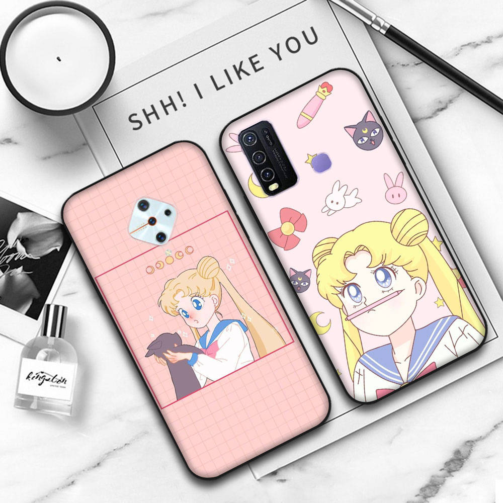 Мягкий черный чехол JW88 Sailor Moon для iPhone 16 15 Plus 14 13 Pro 8 SE XR XS Max P30 Nova 5T Y5P Y6 Y7 Y8P Y9 Realme C30 C33 C31 VIVO Y36 V27