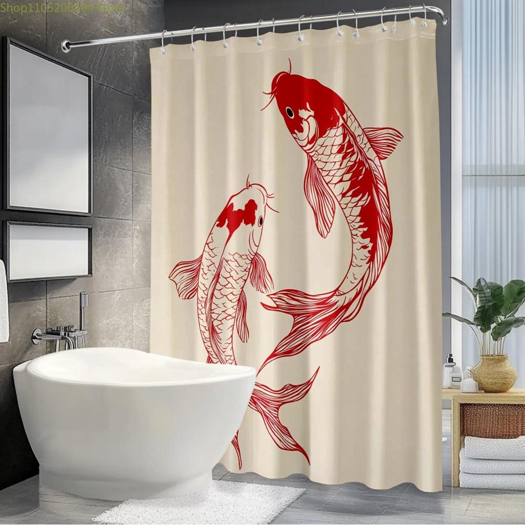 1pc Minimalist Koi Fish Bath Curtain - Elegant Modern Shower Curtain Suitable for Bath Tub, with Hook Rings, No-Drill Installa