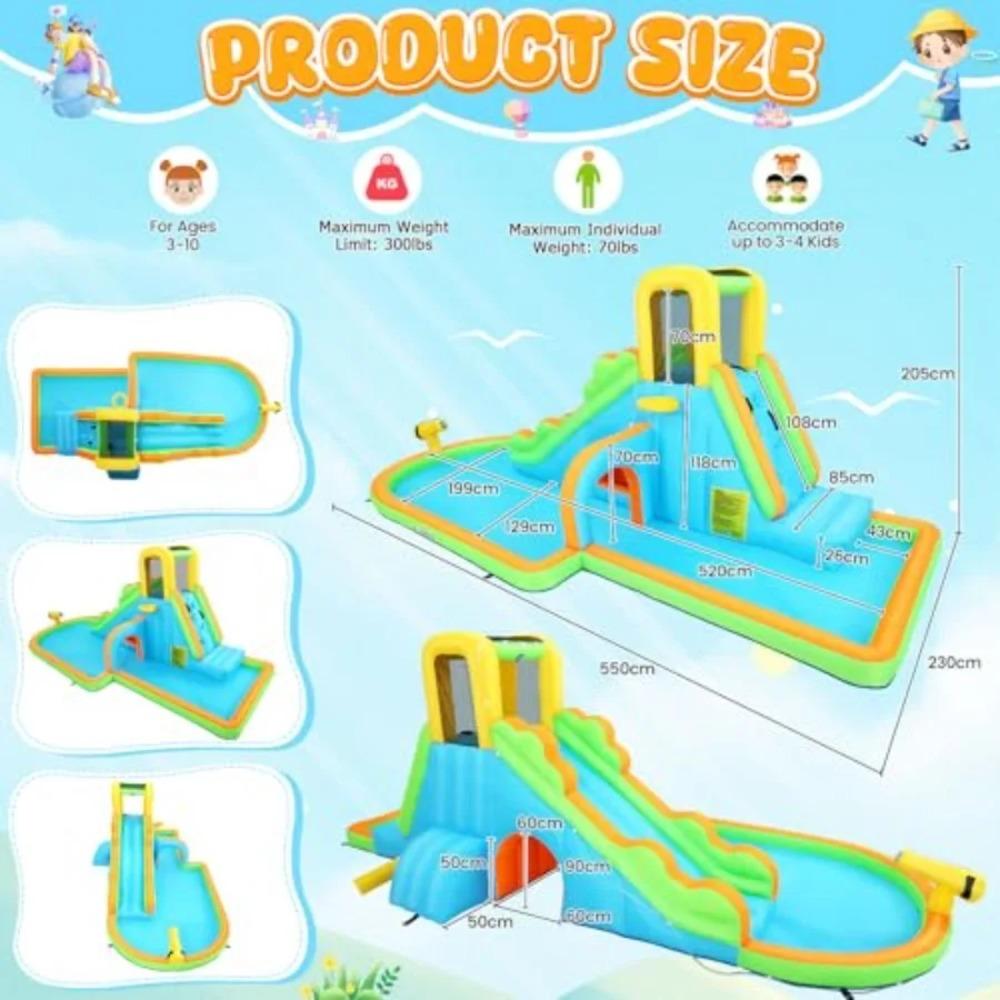 Inflatable Water Slide Large Wave Rider with Splash Pool Climb Wall Basket-Rim Water Cannon Shower Head for Backyard 3-12 Blue