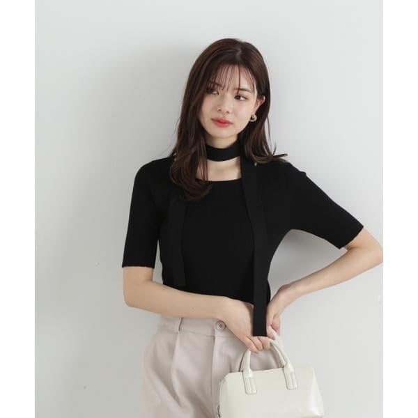 Proportion Body Dressing Ribbed Knit Sweater with Gray Women's Choker,