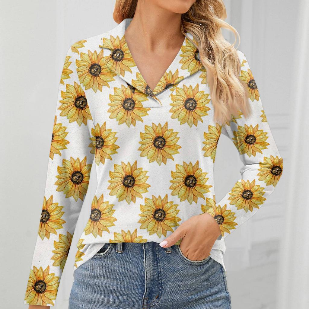 Women's Fashion Leisure Long Sleeve V Neck Flower Printing Top