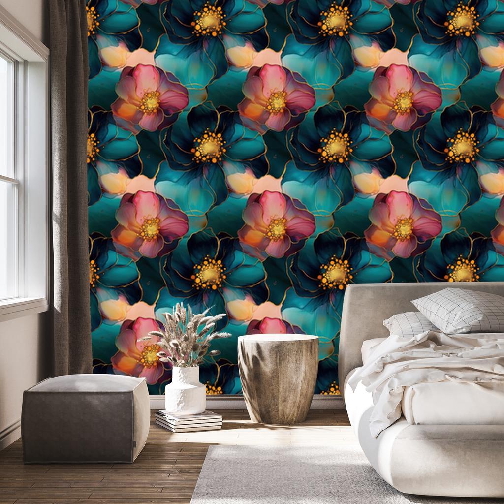 Wallpaper Ink turquoise, navy blue, black and red 50x1000