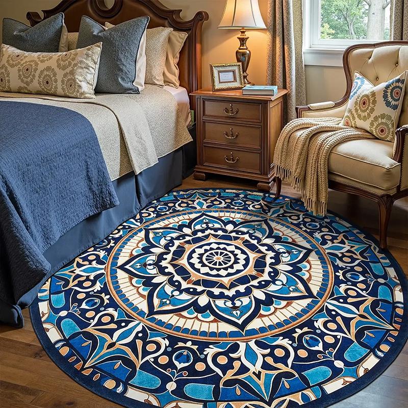 Round Living Room Carpet Machine Washable Foldable Rug Soft Comfortable Non-slip Bedroom Floor Mat Retro Style Home Decor Rugs