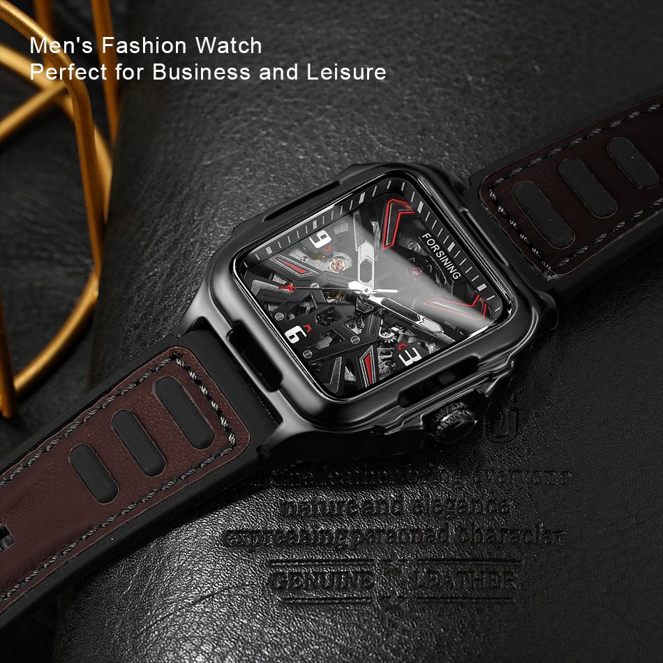 Luxury Square Transparent Skeleton Mens Watches Field Sports Rubber Band Mechanical Watch Luminous Waterproof Reloj Hombre 2024