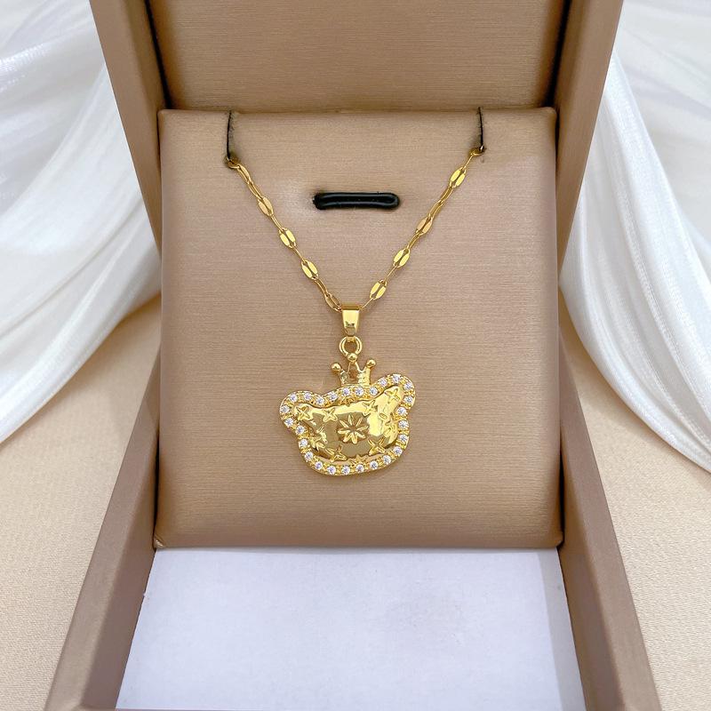 Crown Cat Light Luxury Temperament Gorgeous Full Diamond Necklace Female Versatile Collarbone Chain Titanium Steel Chain