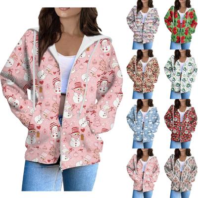 Женская мода повседневный длинный рукав рождественский принт кардиган пальто с карманом на молнии