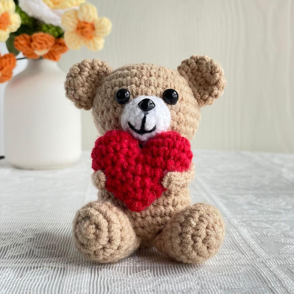 New Handmade Knitted Positive Energy Bear Doll With Card Home Room Decoration Funny Crochet Heart Bear Ornament Christmas Gifts