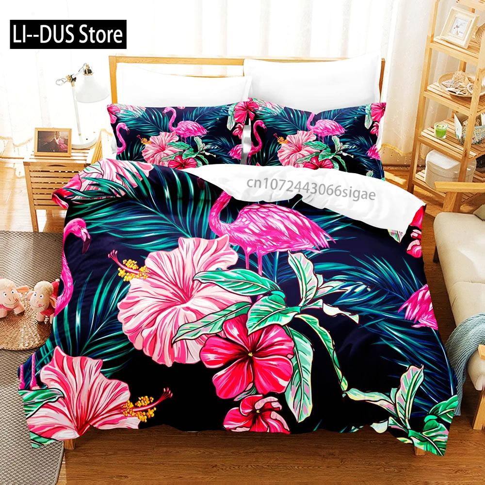Pink Flamingo Duvet Cover Green Leaves Floral Animal Print Bedding Set For Kids Girls Tropical Pattern Design Bedroom Decor