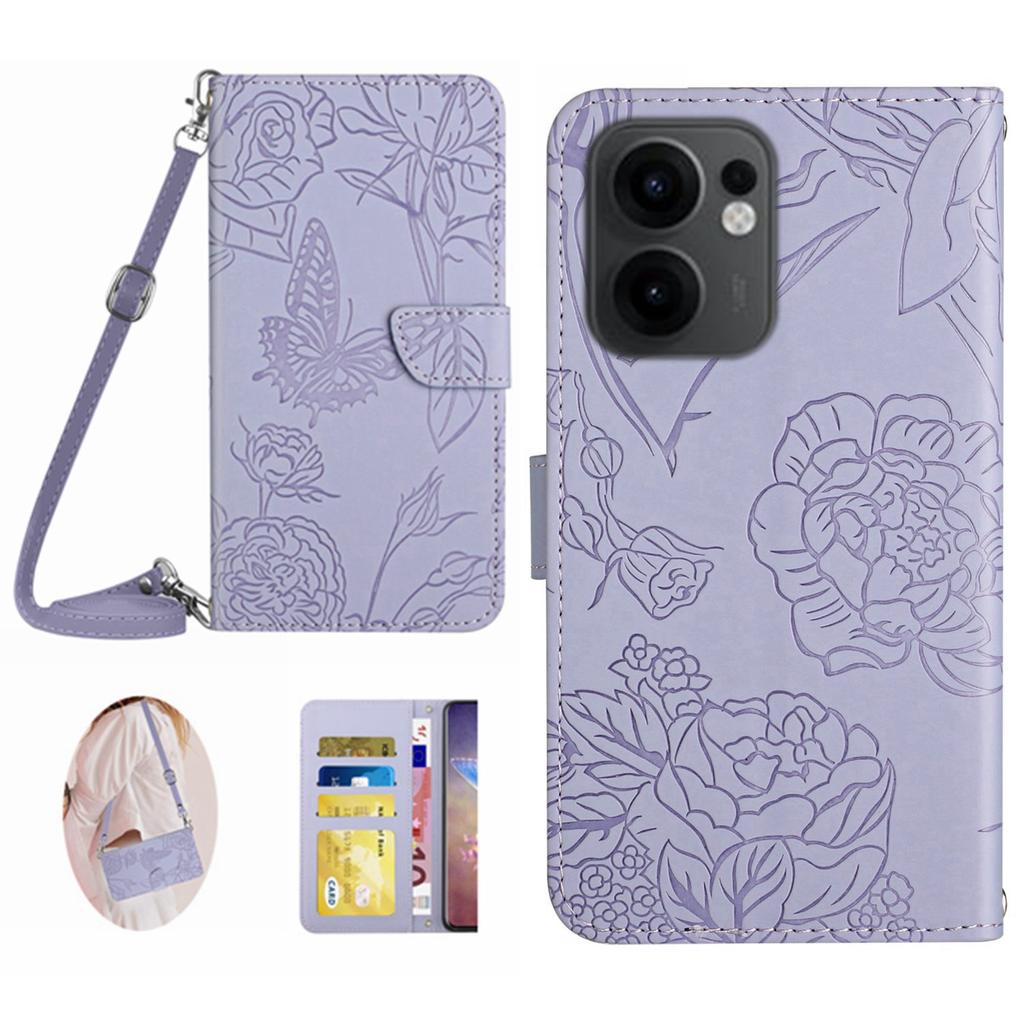 For Oppo Reno13 F 4G/5G Case Butterfly Flower Imprint Leather Phone Cover with Shoulder Strap