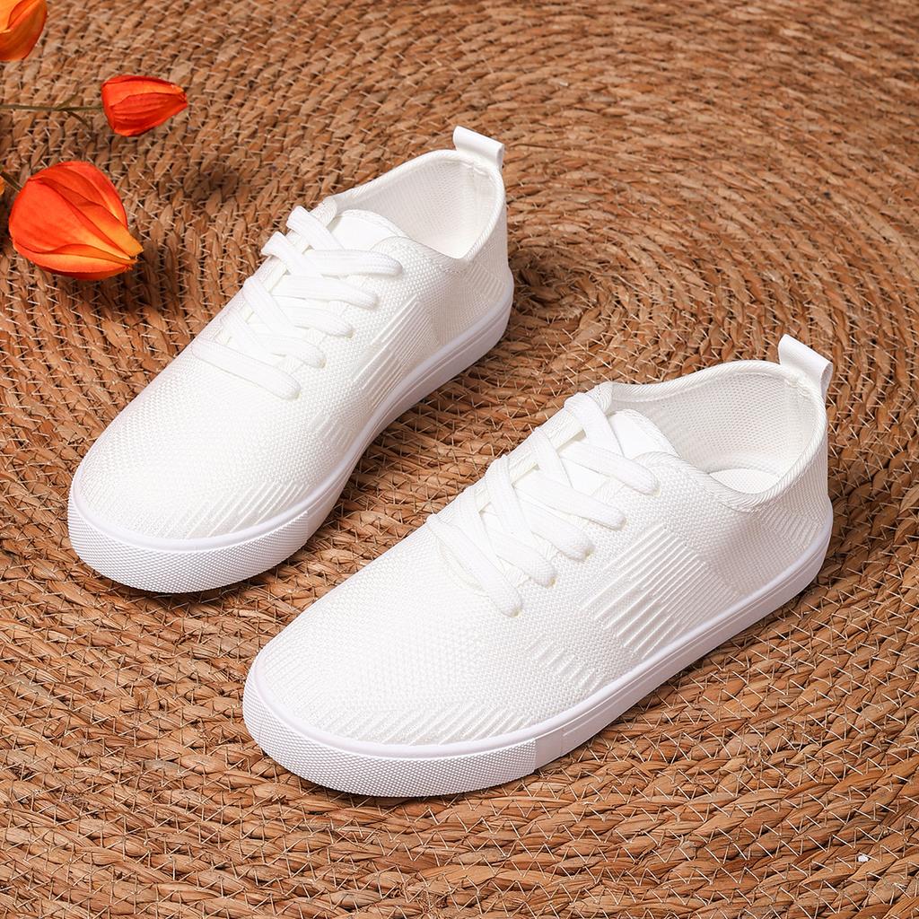 Summer New Flat Bottom Lace-up Mesh Canvas Flats Breathable Lightweight Casual Board Shoes Lace-up Large Size White Single Shoes