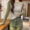 Autumn New Style Threaded Knitted T-shirt for Women with Stylish Stitching and Contrasting Color Short Long-sleeved Bottoming Shirt Tops