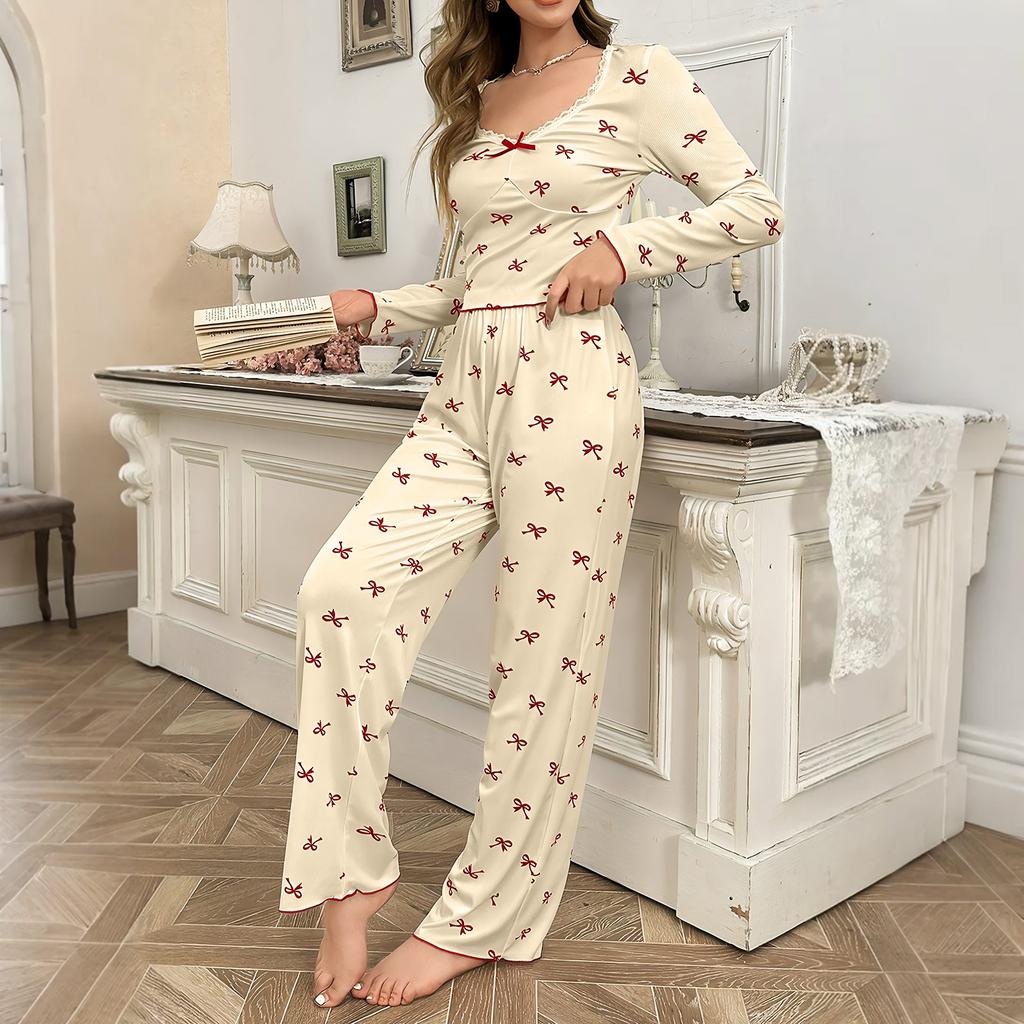 Women's Pajamas Bowknot Long Sleeve Pants Set Printed Set