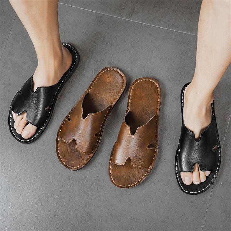 Men Slippers Handmade Simple Flats Sandals Outdoor Summer Brown Black Slide Slippers Open Toe Beach Shoes Plus Size