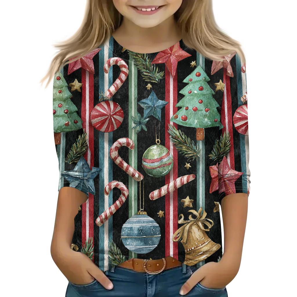 Children's 3/4 Sleeve Round Neck Top Christmas Tree Printed Everyday Casual Top