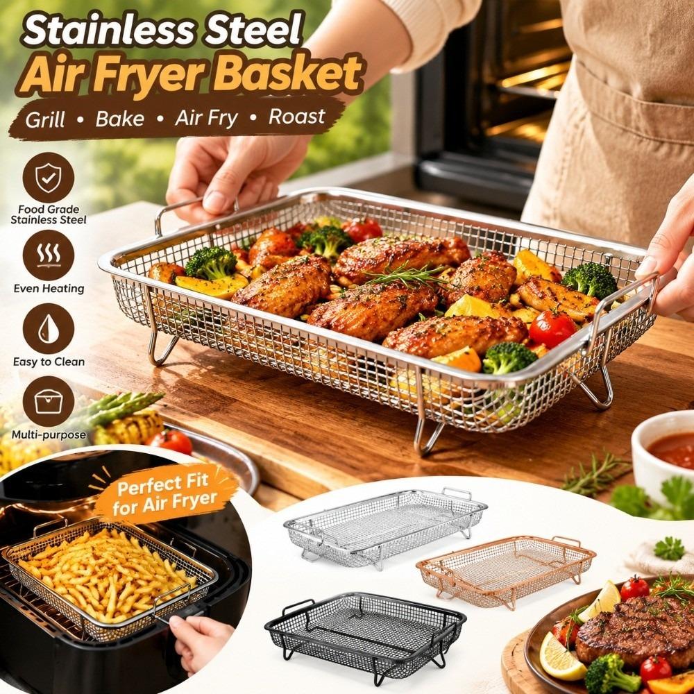 Stainless Steel Air Fryer Basket for Oven Even Heating Mesh Baking Tray Dishwasher Safe