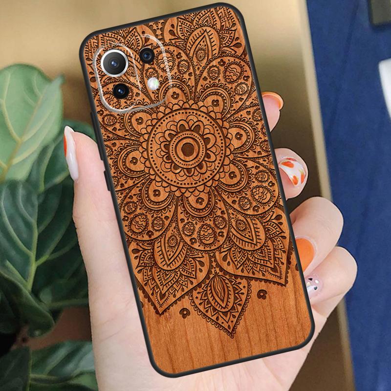 Деревянный чехол с цветочной мандалой для Xiaomi 15 14 Ultra 13T 14T 15T Pro 17 Pro Max POCO F8 F7 F5 F6 X5 X6 X7 Pro Чехол