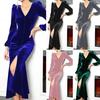 V Neck Long Sleeves Padded Shoulder Buttons Decor Front Split Fishtail Hem Midi Dress Solid Color Skinny Party Bodycon Evening Dress Club Wear