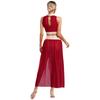 Women's Lyrical Dance Costume S-XL: Mock Neck Sleeveless Keyhole Back Rhinestone Crop Top & Side Split Flowy Mesh Skirt for Performance
