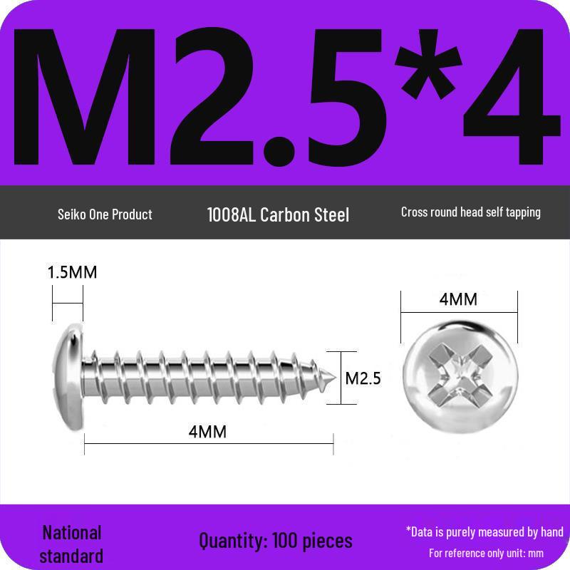 Galvanized Self-Tapping Screws, Round Head, White Zinc, PA Cross Pan, Pointed Tail M1.2-M4